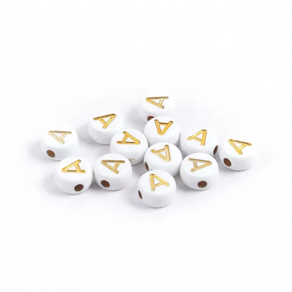 Fehér-arany kerek akril A betű gyöngy 7x4 mm