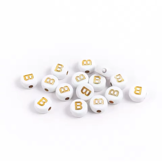 Fehér-arany kerek akril B betű gyöngy 7x4 mm