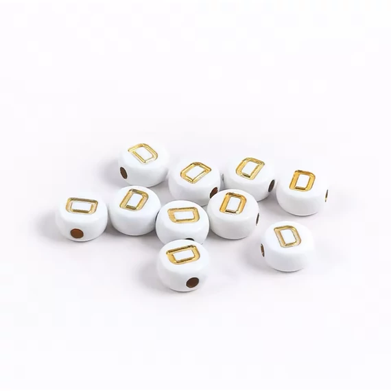 Fehér-arany kerek akril D betű gyöngy 7x4 mm