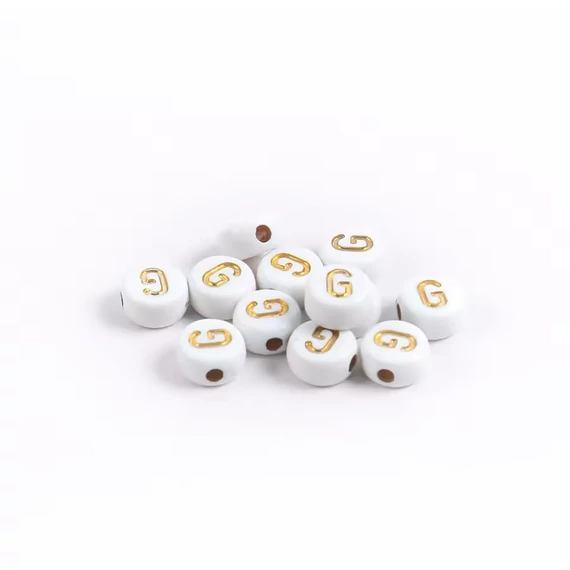Fehér-arany kerek akril G betű gyöngy 7x4 mm