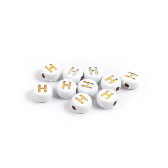 Fehér-arany kerek akril H betű gyöngy 7x4 mm
