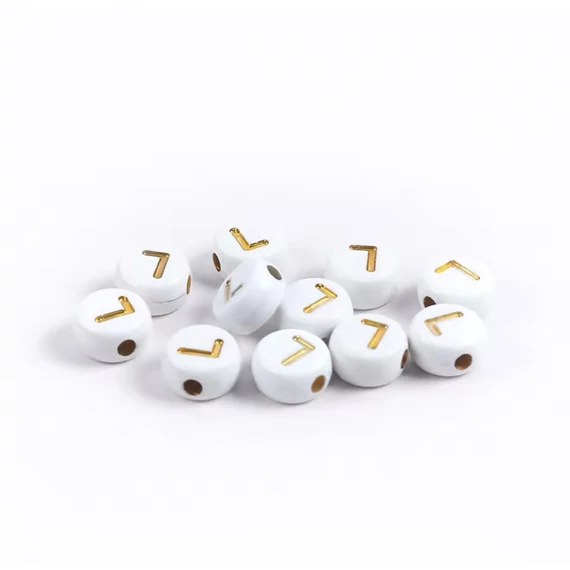Fehér-arany kerek akril L betű gyöngy 7x4 mm