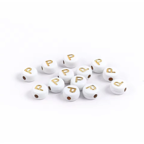 Fehér-arany kerek akril P betű gyöngy 7x4 mm