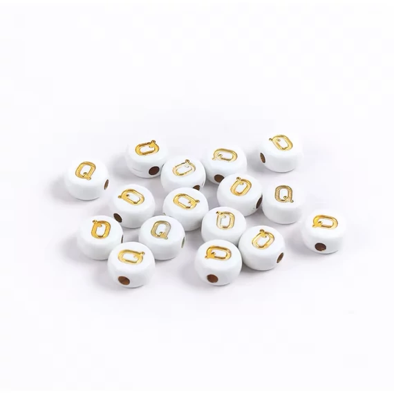 Fehér-arany kerek akril Q betű gyöngy 7x4 mm