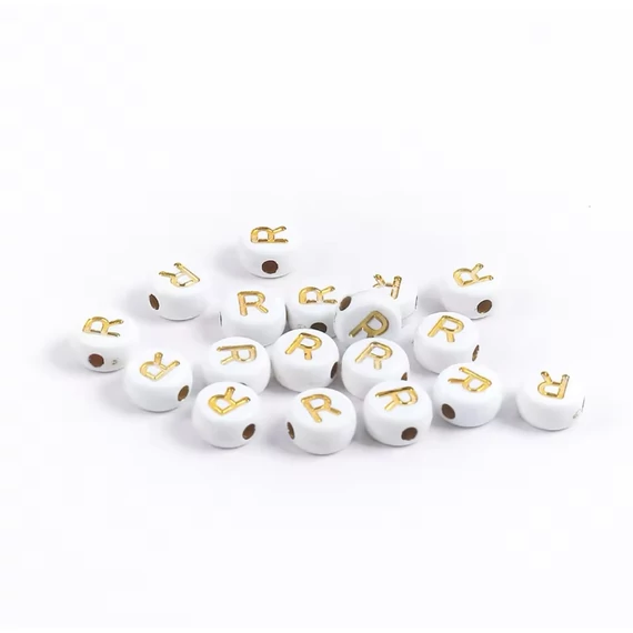 Fehér-arany kerek akril R betű gyöngy 7x4 mm