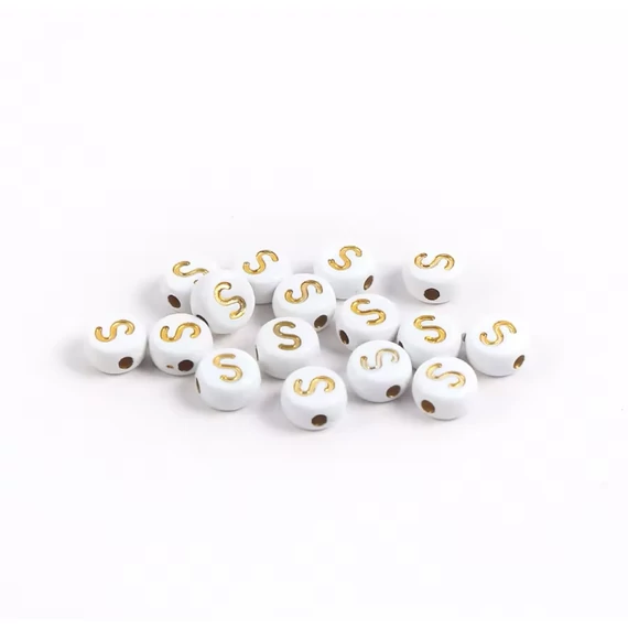 Fehér-arany kerek akril S betű gyöngy 7x4 mm
