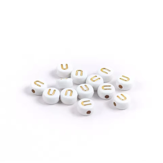 Fehér-arany kerek akril U betű gyöngy 7x4 mm