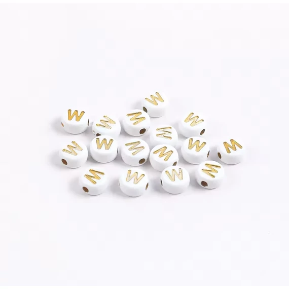 Fehér-arany kerek akril W betű gyöngy 7x4 mm