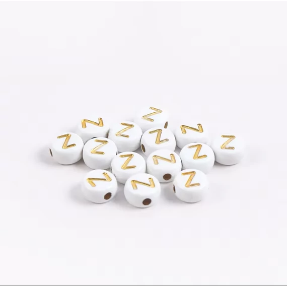 Fehér-arany kerek akril Z betű gyöngy 7x4 mm